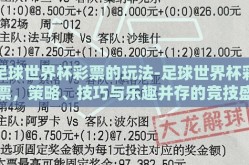 足球世界杯彩票的玩法-足球世界杯彩票，策略、技巧与乐趣并存的竞技盛宴