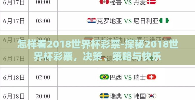 怎样看2018世界杯彩票-探秘2018世界杯彩票，决策、策略与快乐