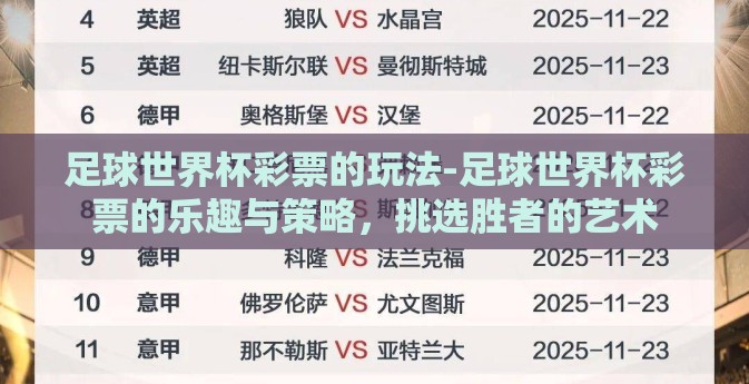足球世界杯彩票的玩法-足球世界杯彩票的乐趣与策略，挑选胜者的艺术